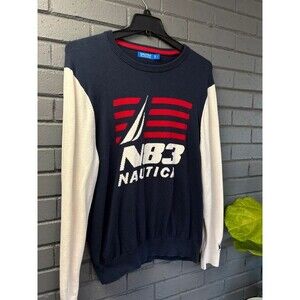 Nautica Blue Sail Navy Crewneck Sweater Mens L Colorblock Nautical Preppy